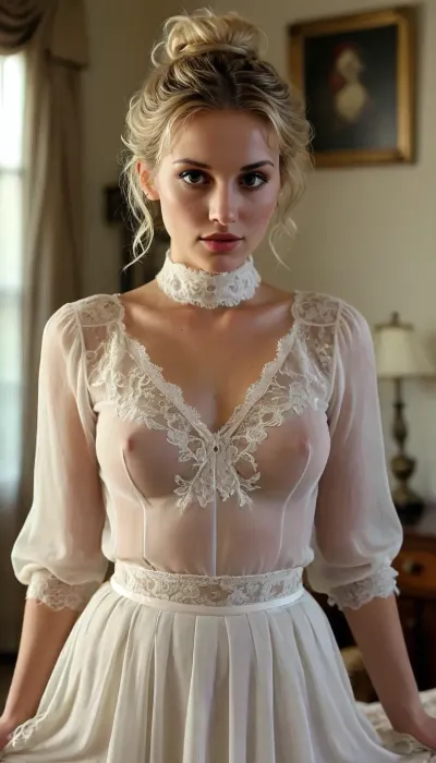 2000's housewife, 27 years old, curvy, long neck, choker, tall long legs, sexy blond bob with sexy wild messy bun, high bouffant hairstyle, black roots showing on her scalp, braless, wearing a white sheer, delicate blouse with delicate lace embroidery, (huge very dark areolas and nipples showing and poking through her blouse:.5), very long, pleated, ivory, sheer aline skirt, heals, <lora:MJ52:.8>, <lora:bralessSDXL_v1_00022:.8>