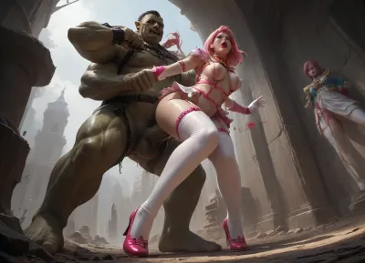 (full body, dynamic view, dynamic pose, dramatic, side angle, low angle, mature, adult face, adult body, good anatomy, good perspective, hentai style), (magical girl), pink hair, chocker, (chest harness, thigh harness, white thigh highs, garter belt, mini skirt, latex gloves:1.1), (sex slave, wrists held, domination, screaming, shocked expression:1.1), mouth open, red lipstick, (small bouncing breasts, forcibly held down, cute skirt:1.2), (head thrown back, forcibly fucked, worried expression:1.1), puffy nipples, (big hips, big thighs, huge ass, curvy body, bikini tan lines, perfect pussy, double penetration:1.1), (fucking ass, hardcore, anal penetration:1.3), (cum dripping, cumming inside, cum in her ass:.8), (skin indents, creampie, rough sex), held in place, (veiny cock, medium cock, hug from behind:1.1), monster sex, sweaty skin, fucked hard, motion lines, (concept art, dramatic, movement), (a big orc stands behind her, orc fucking her from behind, penis insertion, penis in ass:1.3), (groping:1.2), (man with two penises, man with four arms:1.4), (taken from behind, taken from the front:.8), Chun, concept, art, realistic, score_7_up, masterpiece, best quality, absurdres, extremely detailed, 2d, (2 girls:1), (asian, panties pulled down:1.2), source anime, Knee shot, Dutch angle, side view, 1girl, (mature face, 27 year old woman, sexy mature woman, wide hips, perky bouncing boobs, adult proportions, action shot:1.2), (ass fucked), she is looking up, crying expression, open mouth, (front and back view, facing viewer, facing away from viewer:1.2), orc leaning onto her back, she is reaching forward, looking terrified, in shock, eyes rolled back, (orc grabs her head), <lora:Chun-Li-SDXL:.3>, <lora:outline_xl_kohaku_delta_spv5x:.9>, <lora:Ppolar-P3v1-NbVp10:.7>, <lora:Concept Art DarkSide Style LoRA_SeaArt Furry XL 1.0:.2>
