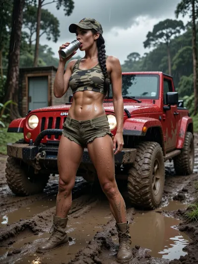 Masterpiece, highest quality, front-lit, illuminated with harsh flash, extremely detailed, high resolution. Wide-angle, frontal view of the model, full-body shot. Setting, rainforest, muddy track, extremely deep ruts, rain, puddles, gray sky with black clouds, tall trees in the background. A beautiful, 28-year-old, slim, muscular Mexican woman—with clearly defined muscles in her arms, legs, and abdomen, (six-pack), —stands at an angle in front of a doorless, convertible off-road vehicle, (a red, lifted Jeep Wrangler with large wheels and a winch on the front bumper), . The vehicle is heavily caked in mud and stuck, with its axles buried deep in the mire. She has a perfect, slender figure with long, thin legs and long, black hair braided into a ponytail. She is wearing military-style camouflage gear, a short tank top, short shorts, a peaked cap, and boots. Her skin and clothing are smeared with mud and drenched in sweat, with beads of perspiration visible on her skin. She holds a canteen, drinking from it with a refreshed expression. Full-body shot. Captured on 35mm film, analog photography featuring natural light fall-off, soft shadow transitions, slight film grain, and a fine noise structure. The focus is not perfectly sharp throughout, with uneven sharpness, the skin texture is realistic, showing visible pores and subtle color variations. No digital sharpening, no HDR look—just organic imperfections and cinematic realism, defined by natural light and physical detail.