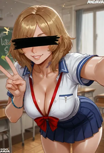 (Andava:1.5), (Student, school uniform, censored face, bar censored), solo, leaning forward, cleavage, smile, peace sign, selfie