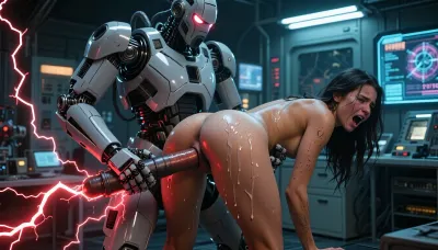 score_9, score_8_up, score_7_up, score_6_up, easynegative, Expressive, A massive Robot holding the girl forcefully bent over in place, electronic lab, nice girl, dripping cum, round fleshy ass, thin frame, ((girl in fuck Machine, sexy, expressive, sweating, dark hair, long hair, skin dentation, solo focus, tan lines, skinny, freckles, crying and screaming in pain, intense pleasure, trembling, Glowing red lightning bolts coming from the massive oversized dildo thats deep in her ass, forced orgasm, hi-tech sci-fi lab, robotics, advanced technologies, glowing instruments, holographic data displays, observation rooms, quarantine, security, girl give up))