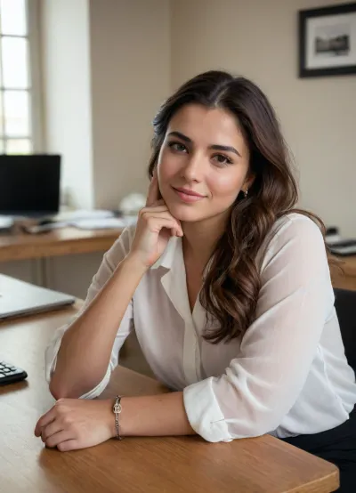 4K. Ultrarealistic professional photo. A young thick spanish woman sitting casually at a desk, leaning slightly forward with one elbow resting on the desk and her hand gently supporting her cheek. Her other arm rests naturally on the desk. She looks directly at the camera with a soft, confident smile. Long dark hair with soft natural waves, wearing a stylish and feminine unbottoned blouse with a relaxed neckline, over sized body. Jewelry and a feminist wristwatch. Elegant lifestyle fashion photography, natural and sophisticated mood, soft warm indoor lighting, realistic skin and hair, shallow depth of field. Medium shot focused on the woman and her pose, with the desk subtly visible in the foreground. Flirtatious smile.