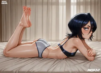 (Andava:1.5), (kuchiki_rukia, (young), (petite:1.5), underwear), solo, laying on stomach, back arched, feet crossed