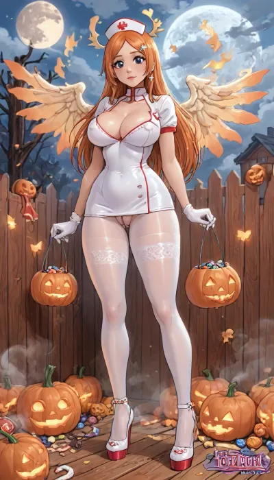 (innv meets jack cayless style), (reiq style, masterpiece, cel-shaded, limited color palette), (((beautiful perfect sexy Inoue Orihime from Bleach anime body:1.5))), (1girl, solo, alone, 18 year old woman), ((big curves anime body)), (big curves anime body), (gorgeous, seductive face, long hair, perfect ads, perfect big breast, muscles body, muscles arms, perfect hands, muscles legs, perfect big ass, hard puffy nipples, pubic hair, perfect puffy wet pussy, sweaty body), (((open Spicy tight Nurse laced sexy underwear Costume), (Nurse hat), (angels wings), (Nurse gloves), (tight Nurse pantyhose), (Nurse Halloween high heel shoes))), (hand holding a Halloween Candy bucket), (standing doing trick or treat pose), (Halloween Candy, ghost, jack o lanterns pumpkins, candy, blood, moon, steam, wood, smoke, sauna background), ultraviolet light, LoL, Style, cute, doodle, 1girl, orange, hair, ornament, white, dress, cleavage, school, uniform, skirt, breast, <lora:LCMTurboMix_Euler_A_fix:2>, <lora:FF-Halloween-Full:2>, <lora:cutedoodle_XL-000012:2>, <lora:cartoon_stickers_xl_v1:2>, <lora:Inoue:2>