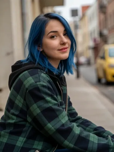 A young woman with vibrant blue hair and a nose ring, wearing a green plaid jacket, is seated outdoors, looking towards the viewer with a slight smile. Her pose is relaxed, with her arms resting on her lap. The background is an out-of-focus street scene with buildings and a yellow car. The lighting is soft and diffused, suggesting an overcast day or late afternoon. The overall image has a natural, slightly muted color palette with a sepia tone. The composition is a medium shot, focusing on the woman's upper body and face, with a shallow depth of field blurring the background. The scene is a hyperrealistic professional photography render, 8k resolution, highly detailed, photorealistic, with soft lighting.