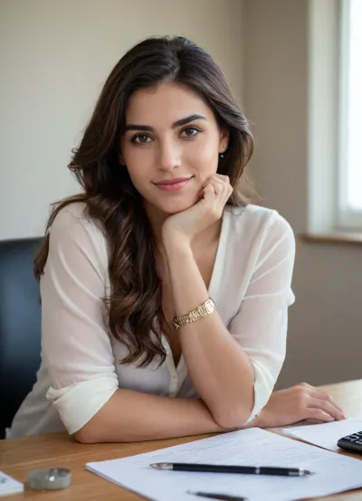 4K. Ultrarealistic professional photo. A young thick spanish woman sitting casually at a desk, leaning slightly forward with one elbow resting on the desk and her hand gently supporting her cheek. Her other arm rests naturally on the desk. She looks directly at the camera with a soft, confident smile. Long dark hair with soft natural waves, wearing a stylish and feminine unbottoned blouse with a relaxed neckline, over sized body. Jewelry and a feminist wristwatch. Elegant lifestyle fashion photography, natural and sophisticated mood, soft warm indoor lighting, realistic skin and hair, shallow depth of field. Medium shot focused on the woman and her pose, with the desk subtly visible in the foreground. Flirtatious smile.