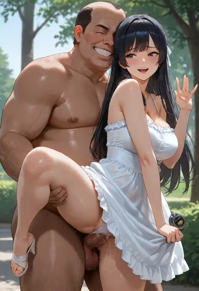 1boy and 1girl, time_freeze, a 19yo girl is frozen in time waving and smiling at her friends, wearing a frilly sundress, a fat ugly man stands behind her with a wicked grin on his face, man holding a stopwatch in one hand, holding one leg up and sliding panties to the side, panties pulled to side, standing sex from behind, deep creampie, park background, unaware