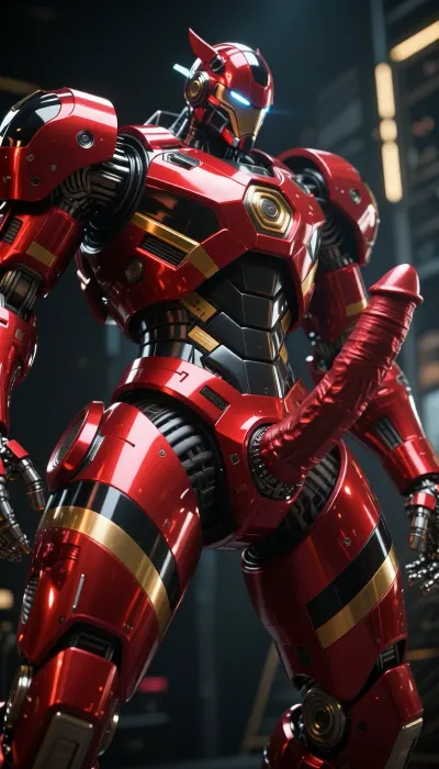 Make a picture of a futuristic Giant mecha robot in glossy red with black and gold stripes, (image size 9:16), With a shiny massive red metallic horse penis between it's legs cinematic shot, dynamic lighting, 75mm, Technicolor, Panavision, cinemascope, sharp focus, fine details, 8k, HDR, realism, realistic, key visual, film still, cinematic color grading, depth of field.