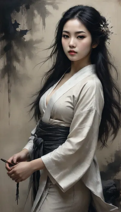 young japanese girl, 18 years old, small asian, (nude), long black hair, saved pussy, nude, open Kimono, traditional japanese art., Black, and, white, art, black, pencil, shading, charcoal, drawing, toned, paper, brutal, dark, b/w, color, scheme, <lora:Black and white art.V1:.8>