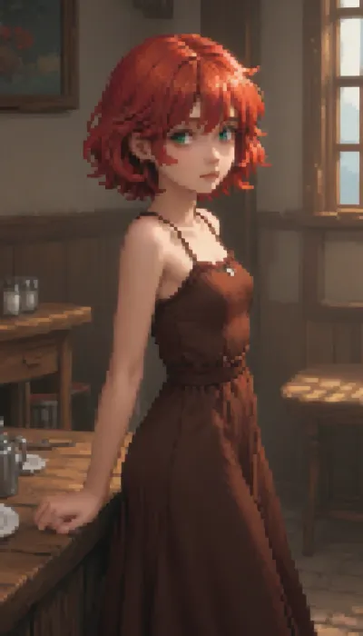 (Pixel art:1.5), stylized as a tired, Pale Ceta, twenty‑year‑old girl, Shoulder‑length hair red hair, green eyes, a round butt, small breasts, (A long dress), (a brown dress), (a medieval dress), in a tavern.

Observer from the side, view 2/3.

wooden table, greets me, smiles sweetly.

Retro‑style pixel aesthetic, soft halftone shades, bright colours — sprite style inspired by 16‑bit graphics, pixel art., <lora:pk_trainer_xl_v1:.8>, <lora:pixel-art-xl-v1.1:1.9>
