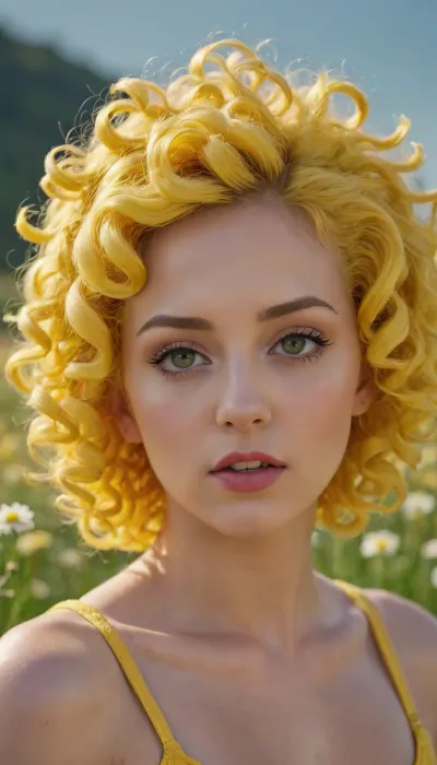 woman, Woman with yellow curly hairstyle, curly hairstyle, macaroni curls with daisy buds, minimalism, fashion photography, hyper realistic, body art style, <lora:lactation_XL_0_:.5>, <lora:Latexstraitjacket_XL_0_:.5>