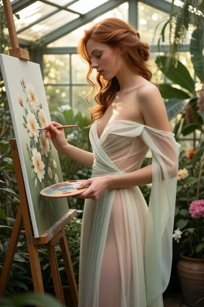A masterpiece—a cinematic picture with many details in 8K image quality, A beautiful redhead woman embodying timeless elegance is painting a flower inside a lush greenhouse filled with vibrant greenery and delicate flowering plants. She is dressed in an elegant, flowing pastel-colored translucent white dress that drapes softly around her slender figure, let her breast shine throu, exuding serenity and artistry. Her hair is styled in loose, romantic waves, framing her gentle, She carefully paints detailed flowers onto her canvas — her eyes closed in concentration — to capture the beauty of the flower. The woman's posture is poised yet natural, with one hand she hold a painting color palette while the other holds a fine brush, capturing the fine details of the blooming flower. The greenhouse is bathed in warm, dappled sunlight filtering through glass panels, creating a dreamy, luminous atmosphere. Surrounding her, various exotic plants and vibrant blossoms add rich textures and color contrasts, enhancing the scene’s lush, nurturing environment. The composition is a balanced close-up view that highlights the woman's artistic aura and the beauty of her gentle movements. The scene radiates tranquility, inspiration, and harmony with nature, styled in a romantic, impressionistic manner with soft lighting that emphasizes the delicate beauty and serenity of the moment.