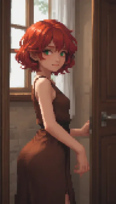 (Pixel art:1.5), stylized as a tired, twenty‑year‑old girl, Shoulder‑length hair red hair, green eyes, a round butt, small breasts, (A long dress:1.3), (a brown dress), (a medieval dress), smiling, A sweet face, in a tavern.


A room, an open door, a wooden bed.

Retro‑style pixel aesthetic, soft halftone shades, bright colours — sprite style inspired by 16‑bit graphics, pixel art., Pixel, Art, PixArFK, <lora:pk_trainer_xl_v1:1>, <lora:pixel-art-xl-v1.1:1.3>, <lora:PixelArtRedmond-Lite64:1>