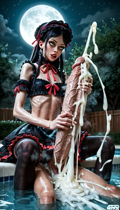 (ultra skinny, lolita_like:1.42), (urd from oh my goddess, 1boy, gigantic hughe enormously massive cock, both hands handjob, femdom, looking down, rolling eyes, hyper excessive cum stream, moon, musk, sweaty, ourside pool, sitting side by side, ultra tiny, barely ultra short miniskirt, front view, male grabbing breast, naked, with black stockings, with legs spread wide open:1.15)