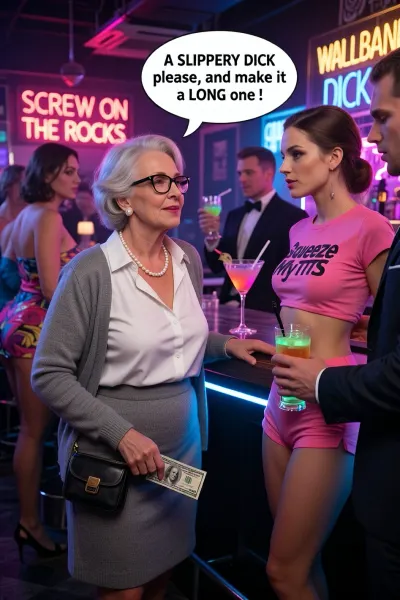 hyper-realistic masterpiece, 8k UHD, sharp focus, highly detailed, a small fat busty lady 75 yo in a white blouse and dowdy grey cardigan, and skirt outfit, glasses, string of pearls, Pearl earrings, lipstick, standing and leaning on the bar, contrasting with a vibrant neon-lit cocktail bar, gently smiling, she is holding a ten-dollar note from a tiny purse, calling the barmaid behind the bar over, looking at the barmaid, the busty barmaid wears a pink tee shirt with the words “Squeeze My TITS “ on it, and pink shorts. speech bubble above old womans head saying “A SLIPPERY DICK please, and make it a LONG one !”, background features glowing neon signs with text “SCREW ON THE ROCKS”, “NIPPLES KISS”, “SLIPPERY DICK”, and “WALLBANGER”, surrounding patrons are busty attractive mature women in low-cut short colorful evening dresses, and smartly dressed men, drinking glowing neon cocktails, cinematic lighting, moody atmosphere, vivid colors, deep contrast, intricate textures of fabric and skin, wide shot, volumetric fog, professional photography.