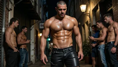 HYPERREALISTIC PHOTOGRAPHIC-STYLE CINEMATIC_WIDE-SCREEN_MOVIE_LOOK DYNAMIC full scene VISUALS FULL COLOUR SPECTRUM 35MM low camera angle enhancing there pysique GRITTY HOMOEROTIC HYPER-DETAILED MALE SKIN TEXTURE DETAILED BODY HAIR SWEAT DROPLETS MASTERPIECE ULTRA DETAILED MALE ANATOMY RELISTICKC_MALE_ASS RELISTIC_MALE_FACE_EXPRESSIONS RELISTIC_MALE_PENIS
A Latin American Croped shaved head relistic pail green eyes chizzald stumbled jawline blump lips rugged but Beautifully handsome massive beefy humongous hairy pectorals hairy happytrail great ass and well endowed just wearing ultra tight very worn in scuffed soft Black leather biker pants top button undone pubic hair showing and boots, hes walking dawn dimly lit narrow side street notorious for men cruising other men hes walking down checking out the other guys hanging about far apart in the shadows it's the golden lampposts lighting catching his glistening skin there are a few guys in corners of the street some already getting it on with each other others standing waiting watching him as he walks by hes the most stunning one there so everyone wants him touching his humungous massive hairy pecs turning proudly let's them feel
