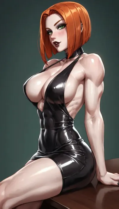 One statuesque androgynous woman from sideview showing the visible side-boob of flat muscular chest, pale abs, very slender, skinny very busty goth with ginger hair, albaster white skin, clad in skintight black nitted-dress, looking at viewer with bright green eyes, fully clothed, only revealing the side swell of her very large and rounded pecs, crossing legs and propping one feet up on the coffee table, Liz, Crimson, hair, green, eyes, bobcut, @hrypctls1, massive chest, dall3test, <lora:Liz_SDXL:.8>, <lora:Microwaist_XL_v01:1>, <lora:@hrypctls1.v1.concept.sdxl_epoch_3:.8>, <lora:dalle3paintstyle:.8>