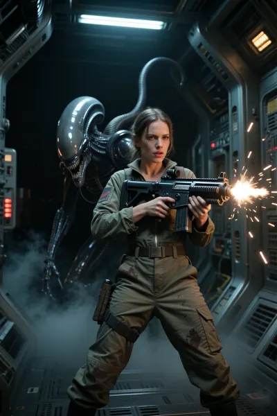 An epic wide-angle cinematic shot, taken from a three-quarter angle, (from the knees upwards), featuring two characters. A brave woman from the film *Alien*, dressed in a dusty jumpsuit, holds a heavy, futuristic pulse rifle in her hands, assuming a defensive combat stance. Behind her, emerging from the dark shadows of the spaceship’s metallic corridor, appears a huge, terrifying Xenomorph creature with a long, shiny, elongated head. The aesthetics of the shot are characterised by industrial retrofuturism, flashing emergency strobe lights, sparks, dark shadows, thick fog, a high-contrast, dynamic composition, and 8K resolution.