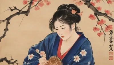Semi-nude Japanese woman in a sensual pose depicted on a paulownia wood panel in the ukiyo-e style., (Visible texture, vibrant colors, indigo, vermilion, gold, and soft skin tones.), (Half-open kimono with intricate floral patterns and an untied obi.), (Traditional Shimada hairstyle with kanzashi hairpins, serene yet provocative facial expression.), In the background, a landscape of cherry blossoms and waves, using planes of color and sumi brushstrokes in the ukiyo-e style. Lacquer sheen, registration marks, precise details, and an intimate atmosphere. Japanese erotic tradition of ukiyo-e and shunga techniques integrated into authentic wood., Ukiyo-e, Art, style, of, Qi, Baishi, baishi, <lora:Ukiyo-e Art:2>, <lora:Ukiyo-e:.8>, <lora:tbh170-sdxl:1.4>, <lora:baishi_xl_0_-000004:1.4>