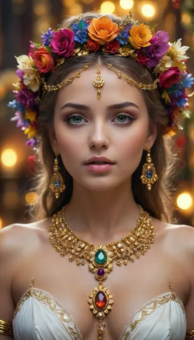 woman, beautiful and youthful goddess having the molten golden complexion and wearing the garlands of gems and flowers, <lora:xl_more_art-full_v1:.5>