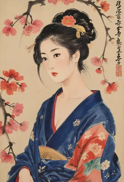 Semi-nude Japanese woman in a sensual pose depicted on a paulownia wood panel in the ukiyo-e style., (Visible texture, vibrant colors, indigo, vermilion, gold, and soft skin tones.), (Half-open kimono with intricate floral patterns and an untied obi.), (Traditional Shimada hairstyle with kanzashi hairpins, serene yet provocative facial expression.), In the background, a landscape of cherry blossoms and waves, using planes of color and sumi brushstrokes in the ukiyo-e style. Lacquer sheen, registration marks, precise details, and an intimate atmosphere. Japanese erotic tradition of ukiyo-e and shunga techniques integrated into authentic wood., Ukiyo-e, Art, baishi, style, of, Qi, Baishi, <lora:Ukiyo-e Art:.7>, <lora:Ukiyo-e:.6>, <lora:baishi_xl_0_-000004:.8>, <lora:tbh170-sdxl:.8>