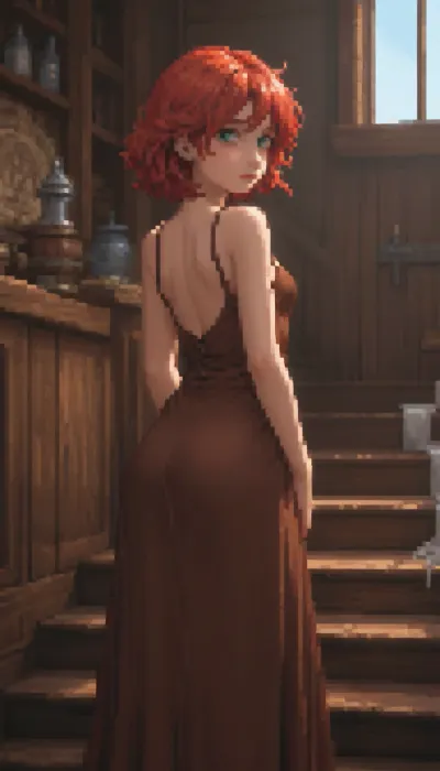 (Pixel art:1.5), stylized as a tired, Pale Ceta, twenty‑year‑old girl, Shoulder‑length hair red hair, green eyes, a round butt, small breasts, (A long dress), (a brown dress), (a medieval dress), in a tavern.

Rear view, (climbs the wooden staircase), .

Retro‑style pixel aesthetic, soft halftone shades, bright colours — sprite style inspired by 16‑bit graphics, pixel art., <lora:pk_trainer_xl_v1:.8>, <lora:pixel-art-xl-v1.1:1.9>