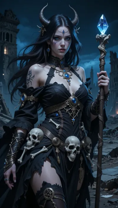 woman, A highly detailed and artistic digital painting of a beautiful necromancer priestess in a post-apocalyptic fantasy style. She has long, flowing dark hair and striking, mystical eyes. Her attire is made of dark, tattered fabrics adorned with bones, skulls, and other necromantic symbols. She wears intricate jewelry with occult designs and holds a staff topped with a glowing crystal. The background is a desolate, ruined landscape that emphasizes her dark beauty and power. Night time, blue tint, dark fantasy.