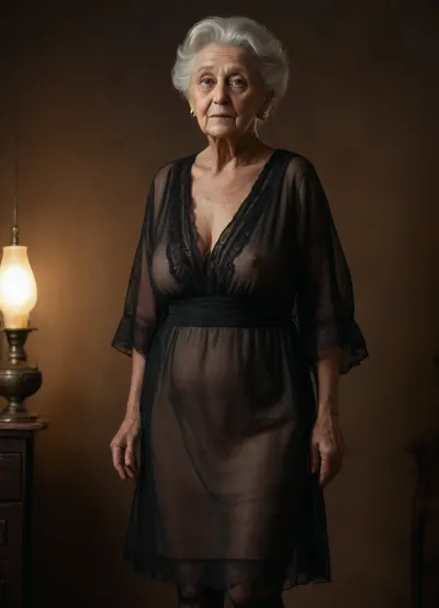 (((1 woman, solo, portrait))), professional hardcore porn photography, standing posing, in an extremely romantic bedroom, nearby a marital double bed, exotic beige bedding, (night:1.9), (chiaroscuro:1.9), (((only backlight:1.9))), ultra detailed, ultra realistic, extremely detailed background, (((extremely aged extremely elderly ancient 90 year old native grandma:1.9))), extremely feminine, large breasts, attractive, charming, busty, curvy, slim, (very short messy ultra-curly golden-copper colored hair:1.4), extremely limp saggy wrinkled tits, (((modest skin-tight knee-length black multi-layer ultra-sheer hyper-transcluent breezy mourning A-line hoopdress:1.9))), kinky seductive smile, amorous lovely face, ideal body, Photorealistic rendering with authentic elderly skin pores and fine facial detail, realistic hair strands, natural textures and reflections, detailed architectural and textile surfaces, physically realistic, realistic chiaroscuro. No artificial beauty filter or plastic appearance. 4K, UHD, upscale, photorealistic, highly detailed, full body view, (artificially upscaled, optimized picture:1.9), (((heavy massive aging:1.9))), post-process optimalization and correcting anatomical anomalies, glamourify