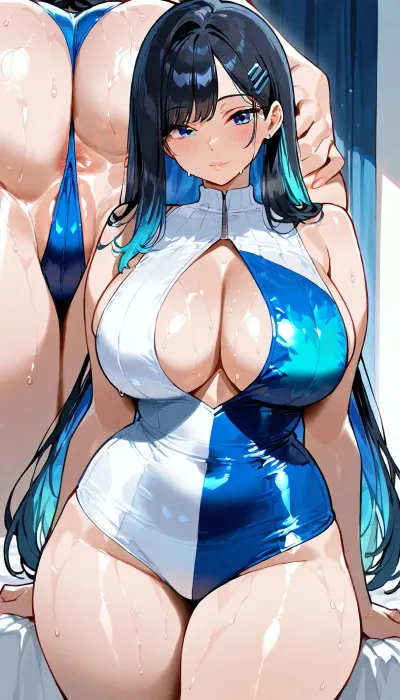 Two Beautiful womans, long black hair long blue peekaboo highlights, split dye, sapphire blue eyes, large breasts, curvy figure, voluptuous body, sweet pose, upper body shot, mini clothes, aesthetic background, highly detailed face, masterpiece, spread ass, close-up view