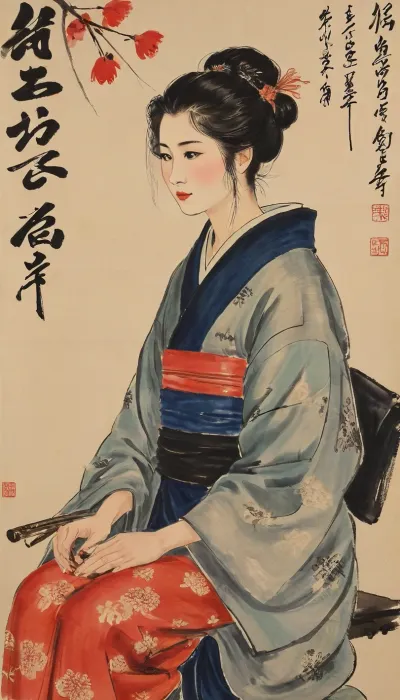 traditional Japanese ukiyo-e woodblock print from the early 19th century, depicting a beautiful Japanese woman, (bijin-ga), wearing an intricate, patterned silk kimono. Flat colors, bold calligraphic black outlines, traditional Edo period hairstyle, delicate facial features, vintage washi paper texture, highly artistic, ukiyo-e masterpiece., baishi, style, of, Qi, Baishi, <lora:baishi_xl_0_-000004:2>, <lora:tbh170-sdxl:2>