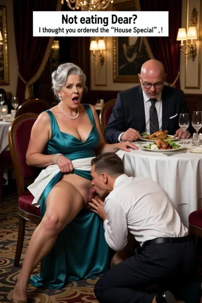 Hyper-realistic cinematic masterpiece, split-level perspective showing simultaneous above-table and under-table action, opulent fine-dining restaurant, warm amber ambient lighting with dramatic chiaroscuro deep shadows. A plus-sized elderly woman with a silver-blonde beehive hairstyle, wearing a low-cut teal evening gown and a string of pearls, expression of wide-eyed shock and pleasure, moaning facial expression, hands gripping a white linen tablecloth tightly. Beside her, a fat bald elderly man in a formal suit and glasses, oblivious, eating chicken and vegetables. An untouched salad on her plate. Below the table, the rear view of a waiter dressed in white shirt and dark trousers and shoes on his knees between the womans open legs . Waiter is kissing and fingering her pussy, Waiter is licking the womans hairy pussy, giving cunnilingus. Rich textures, velvet curtains, crystal glassware, highly detailed skin pores, 8k UHD, sharp focus, vivid color palette. At the top of the frame, a clean white text box with the typography, "Not eating Dear?, I thought you ordered the ‘House Special’ . !" Cinematic lighting, shot on 35mm lens, f/2.8, concept art style, high-fashion editorial photography.
