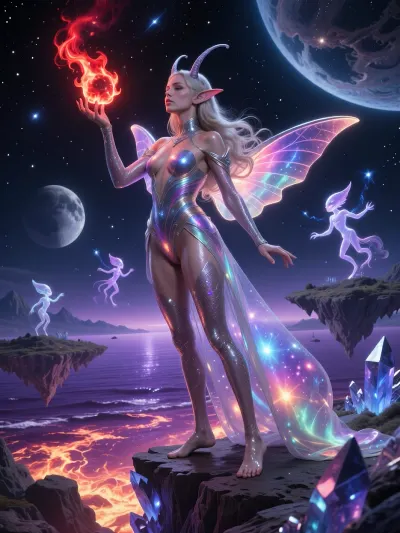 scene 8k sharp set on a distant planet under a vast starry sky. At the center stands a beautiful super skinny super long legs alien woman with glowing wings and two antennas on the head from another galaxy, dressed in an iridescent cosmic gown that shimmers with the colors of the universe. She stands on a crystalline cliff overlooking a glowing burning violet ocean, surrounded by floating islands and two moons in the sky. Her skin sparkles with fine stardust, and her hair flows freely in the cosmic galaxy breeze. one hand are raised upwards red glowing burning in a fire ball and she is conjuring ethereal luminous alien beings dance gracefully. Capture the awe and mystery of this alien world, emphasizing the blend of cosmic beauty and serene power in the woman’s presence, delicate women's hands