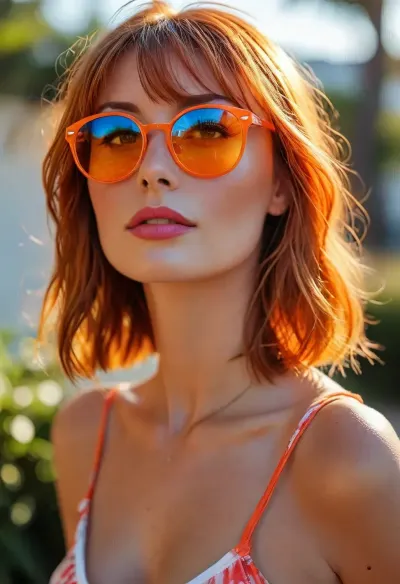 smooth rendering, outdoor, artistic, low angle, portrait, 40 yo, striking belle female with a vibrant fiery-orange long bob and straight bangs, striking blue eyes with dramatic winged eyeliner, red lips, blemishes, deep shadows across her face, wearing a loose tank top, pink sunglasses resting on her head, touching her cheek, soft focus, bokeh background with a white wall, natural light, gentle shadows, warm, intimate, alluring., warm golden sunlight, natural radiant glow on skin, vibrant natural colors, warm tones, natural beauty, /KlTTY-ART/, <lora:COMFYUI_mimic_landscape_-_XL_SDXL v2.0:.5>, <lora:attractive_notrigger:.1>, <lora:MJ52:.1>