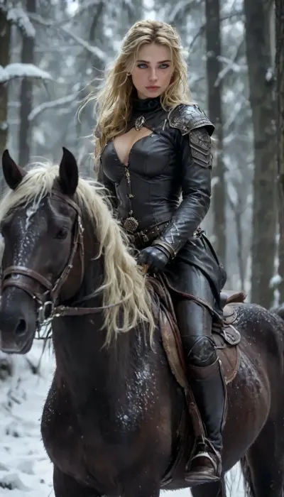 Full body picture, picture of her hole body, She looks proud, her presence both awe-inspiring and dangerous. Her skin is pale as moonlit snow, kissed faintly by the cold winds of the northern wastes., ((she is sitting on a horse, riding on a horse)), ((She is in a wild ride on a beautiful pitch black horse, the horse is running wild along a small trail)), Cascading down her back in wild, tangled waves is a mane of wavey dark dirty-blonde hair, streaked with silvery tones like threads of ice. Her eyes are breautiful brown, intelligent, and edged with the feral cunning of a huntress born to the frostbitten wilds.

Her beauty is raw and untamed, sculpted by hardship and war. High cheekbones, a strong jawline, and full lips give her a regal, almost ethereal quality, while the faint scars tracing her collarbone and ribs hint at countless battles survived. Muscled, her figure is that of a warrior goddess—broad-shouldered, with powerful legs, wearing loincloth and minimal fur and very little red leather armor, deep cleavage, and bone trophies taken from the beasts and men she's slain.

Around her neck hangs a talisman of an elder god, and her arms bear bronze armbands inscribed with symbols of forgotten tribes.

She looks like a predator—graceful, silent, coiled with explosive power. She is a storm wrapped in flesh, an iceborn flame burning through the dark age of Hyboria., (shortstack:1.13), (muscular), realistic detailed face, realistic detailed hair, realistic detailed body, realistic detailed skin, realistic detailed breasts, A-cup, realistic detailed pussy, dynamic view, dynamic view angle, dynamic action pose, realistic black horse, running horse, horse, detailxl, hkstyle, RiHorse, front_view, half_front_view, side_view, galloping, <lora:add-detail-xl:1.5>, <lora:hkstyleV5:.8>, <lora:style_lora_realis:.5>, <lora:Stacked_Shortstacks_-_SDXL-000009:1.3>, <lora:RideHorse.0.9:.8>
