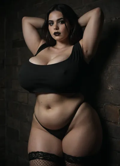 1girl, plump German, 35 years old, Chubby face, Green eyes, pale skin, two long black hair, gothic style, goth makeup, eyeliner, black lipstick, (Big round soft belly:1.15), (plump:1.15), Visible tummy, thick soft rolls, thick thighs, gigantic breasts, Piercings, pierced nipples, Ring Piercings, huge cleavage, real Skin, boobs out, (waist bodice:1.3), mesh stockings, legs slightly Open, Arms behind Head, leaning at an old brick wall, Fetish basement, Fetish Dungeon, candid amateur photo, detail, rating_explicit, shot on kodak, 35mm photo, Amateur budget, moody, gorgeous, film grain, grainy, score_9, score_8_up, score_7_up, rating, explicit, direct flash, (low light photo:1.2), stretch, marks, <lora:dark:1>, <lora:stretch_marks:1.1>, <lora:Velvet_Clothes:1.1>