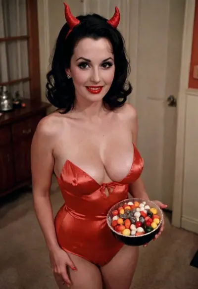 (View from above:1.7), (zoom in:1.3), (retro analog photo), (realistic vintage:1.5), 1950s, on Halloween night a gorgeous mom stands in front of her house holding a bowl filled with candy for trick-or-treaters, shadows, nighttime, (outside in front of a suburban house decorated for Halloween in the 1950s:1.1), (close view:1.3), grainy photo, 45 years old, 1950s hairdo and makeup, black hair, beautiful, (wearing a scandalously sexy devil costume with cleavage), (cleavage, semitransparent, showing leg), pokies, (holding a candy bowl), big sexy smile, eye contact, lipstick, long eyelashes, mascara, eyeliner, earrings, huge huge breasts, wedding ring, incredibly enormous wide areolae, big puffy erect nipples, (view from waist up), Radiant, Darkness, retro, vintage, 8mm, 1960s, Film, Grain, FilmGrainAF, large, <lora:style_lora_realis:2>, <lora:Radiant_Darkness:.9>, <lora:retro vintage 8mm SDXL Lora:1.5>, <lora:FilmGrainRedmond-FilmGrain-FilmGrainAF:1.3>