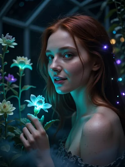 Ultra detailed depiction, extreme close-up composition, sharp focus on her face. A professional cinematic still of a beautiful fantasy redhead woman with pale skin, standing inside a dimly lit greenhouse filled with bioluminescent flowers. Her skin is smooth and cool-toned, with a faint natural sheen. Her eyes are a striking deep green, reflecting the soft glow of the plants around her. Her expression is calm and curious, a gentle smile on her lips as she looks toward one of the glowing flowers near her hand. Her dark hair falls loosely around her shoulders, catching small points of glowing light. Around her, the greenhouse is filled with fantastical flora, glowing flowers in shades of teal, violet, and soft green, casting gentle ambient light through the dim space. Wisps of soft mist drift low along the ground. The overall lighting is dark and moody, lit primarily by the glowing plants themselves, creating dramatic contrast between deep shadow and vivid glowing color. The color palette is dominated by deep blues, teals, and glowing violet accents. Shallow depth of field, soft bokeh background, over-detailed cinematic photography, masterpiece, epic detail, sharp facial details, photorealistic render.