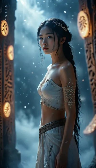 (Dark Fantasy Artwork), artistic, low angle, side view, 18 yo, belle Asian female, exposed breasts, ancient circular runic emblem, glowing white runes, inscribed on a mystical dark celestial background, floating in a cosmic void, surrounded by swirling ethereal nebula clouds and light dust particles, soft volumetric lighting, mysterious atmosphere, germanic mythology aesthetic, intricate runic carvings, glowing white light, dark mood, deep shadows, high contrast, ethereal, Asian female, mystery, mystical fog, natural beauty, Khaba_Babes, <lora:COMFYUI_mimic_landscape_-_XL_SDXL v2.0:.1>, <lora:MJ52:.1>