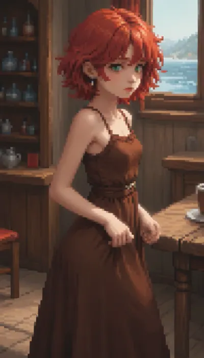 (Pixel art:1.5), stylized as a tired, Pale Ceta, twenty‑year‑old girl, Shoulder‑length hair red hair, green eyes, a round butt, small breasts, (A long dress), (a brown dress), (a medieval dress), in a tavern.

She is standing, waves his hand, a wooden table.

Retro‑style pixel aesthetic, soft halftone shades, bright colours — sprite style inspired by 16‑bit graphics, pixel art., <lora:pk_trainer_xl_v1:.8>, <lora:pixel-art-xl-v1.1:1.9>