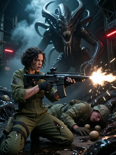 A masterfully composed, hyper-realistic shot from the film *Aliens*, (1986), . At the center is a fierce woman with short, dark, voluminous curly hair—reminiscent of Ellen Ripley—her face covered in sweat and streaks of dark grease. She wears a battle-worn, olive-green Colonial Marine jumpsuit. She grips and fires an authentic M41A pulse rifle—featuring its signature heavy, boxy chassis and underslung grenade launcher—as a powerful, blinding muzzle flash erupts, accompanied by a shower of heavy sparks. On the dark, grimy floor, just behind her, lies a wounded Colonial Marine in bulky tactical armor, writhing in intense pain. Looming above them, emerging from a thick industrial haze and steam, is the colossal, terrifying Alien Queen—an exact replica from the film—complete with her iconic, massive crest, multiple inner biomechanical jaws, (extended wide), and sharp, dripping fangs. The scene is set within an organic Xenomorph hive, coated in dark, viscous resin and pulsating alien eggs. The lighting is high-contrast, dramatic, and subdued, punctuated by flashing red strobe lights and sharp, cold-blue backlighting. Flawless execution, perfect anatomical rendering of the hands—a photorealistic masterpiece in 8K resolution.