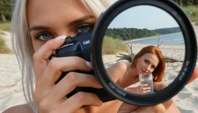 Close-up cinematic photorealistic portrait of Alma, a stylish young Scandinavian woman in her late twenties, holding a professional mirrorless camera up to her face, finger resting on the shutter button, ready to take the picture. Alma has platinuim blonde hair, striking blue eyes, lightly tanned skin, strong brows, and a calm, confident, slightly androgynous elegance. One of her green eyes is clearly visible beside the camera, sharp and focused, looking at Freja with quiet affection. The composition is a tight close-up, with Alma’s hands, camera body, and large lens dominating the foreground. Natural skin texture, realistic hands, intimate documentary photography style, photorealistic.

In the reflection of the large camera lens, clearly visible and sharply defined, is Freja, the woman Alma is photographing. Freja is a beautiful young Scandinavian woman in her mid-twenties with redhead hair, fair skin, deep green eyes, and a feminine, flirtatious presence. She is lying on the sand at Moesgaard Strand near Aarhus on a warm summer day, turned slightly over her shoulder toward Alma. Freja is naked, a view perfect for a romantic beach photoshoot. She holds a cold refreshing drink with ice and condensation on the glass, smiling flirtatiously and warmly toward Alma with playful romantic eye contact.

The reflected background shows Moesgaard Strand, pale sand, beach grass, driftwood, calm water, distant green forested coastline, soft summer sky, warm sunlight, relaxed Danish seaside atmosphere. The mood is intimate, romantic, subtly sapphic, and natural, like a private photoshoot between two women who know each other deeply. Shallow depth of field, realistic optical lens reflection, cinematic composition, high detail, natural colors, warm summer daylight, editorial photography style, 85mm lens look.