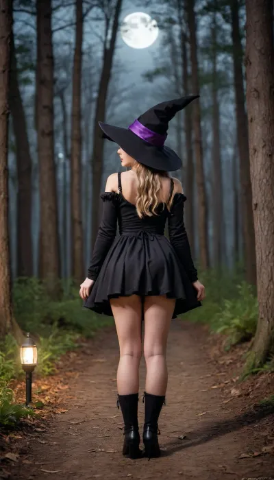 Jack cayless art style, young cute girl seen from behind, view from behind, face unseen, only behind of her back, open legs, twin braids, virgin asshole, focus on Tiny butt, vaginal creampie, girl riding viewer, wearing a witch cosplay, witch hat, at haunted forrest, night, full moon, witch spell, laughing, girl, cute, chibi, witch, spell, <lora:Halloween_Series_Cute_Witch:.8>