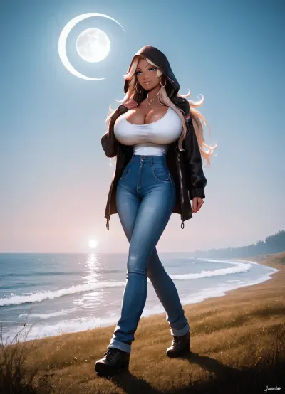 SFW, below view, one tall tall very skinny black pretty college african-german student, clad in tight blue jeans and white tanktop, detailed blue eyes, (buff triangular body, very tall body, high shoulders, long torso), very huge bimbo lips, smirk, very dark brown skin, (very huge cleavage, deep cleavage), solid sportsbra, long waist, narrow hips, long lashes, stretches her tall bodyshape, waves her hand for a friendly greeting, very happy, big hoop-earrings, long straight-hair cascades over her shoulders, (giant cleavage), The woman actively raises her cleavage, which bounce, shake, or sway up and down like ripe inflated massive melons, her cleavage sway and jiggle merrily, (fully clothed), background, ww2 battleship fires at horizon, theme, crescent, moon, dark, field, from, side, full, body, glowing, gradient, grass, IOWA-Class battleship, cheeks, face, hood, light, lips, long, sleeves, looking, viewer, male, focus, monochrome, multiple, boys, night, sky, no, humans, ocean, outdoors, together, realistic, red, reflection, scenery, shadow, silhouette, sitting, solo, spotlight, standing, upper, very, wide, shot, walking, <lora:Dart_1_00:.8>