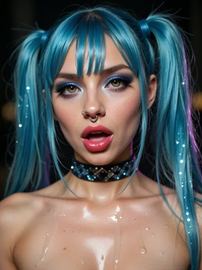 MATHYRI MIKRO ultra photorealistic cinematic, (20 years old petite woman, instagram model petite, Sweaty, piercing nipples, tits pierced, septum piercing, nose piercing, chocker, small boobs, very slim girl, slim Masterpiece, furry, futanari, solo, (high-quality facial treatment:1.3), ((makeup:1.5), long blue eyelashes, olive eye shadow with sequins), large plump lips bimbo in red lipstick with a glossy wide pink outline and a slightly open mouth, (hairstyle with five pigtails straight bangs of blue with sequins:1.2), pupil eyes like a snake
eyebrows thin)