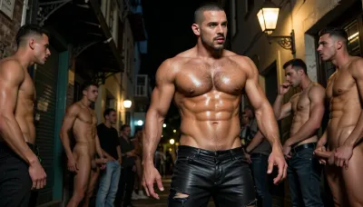 HYPERREALISTIC PHOTOGRAPHIC-STYLE CINEMATIC_WIDE-SCREEN_MOVIE_LOOK DYNAMIC full scene VISUALS FULL COLOUR SPECTRUM 35MM low camera angle enhancing there pysique GRITTY HOMOEROTIC HYPER-DETAILED MALE SKIN TEXTURE DETAILED BODY HAIR SWEAT DROPLETS MASTERPIECE ULTRA DETAILED MALE ANATOMY RELISTICKC_MALE_ASS RELISTIC_MALE_FACE_EXPRESSIONS RELISTIC_MALE_PENIS everyone has individual relistic facial expressions, A Latin American Croped shaved head relistic pail green eyes chizzald stumbled jawline plump lips rugged but Beautifully handsome massive beefy humongous hairy bulbous hairy pectorals hairy happytrail great ass and well endowed just wearing ultra tight very worn in scuffed soft Black leather biker pants top button undone pubic hair showing and boots, hes walking dawn dimly lit narrow side street notorious for men cruising a few men all in different positions hes walking down checking head turned checking the a two of three hanging about in the shadows it's the golden lampposts lighting catching his glistening skin there are lots of other guys doing the street some men already getting it on with each other in corners haveing man on man sex cock sucking, others standing waiting watching him as he walks by hes the most stunning one there so everyone wants him he walks over towards some of the men felling there body