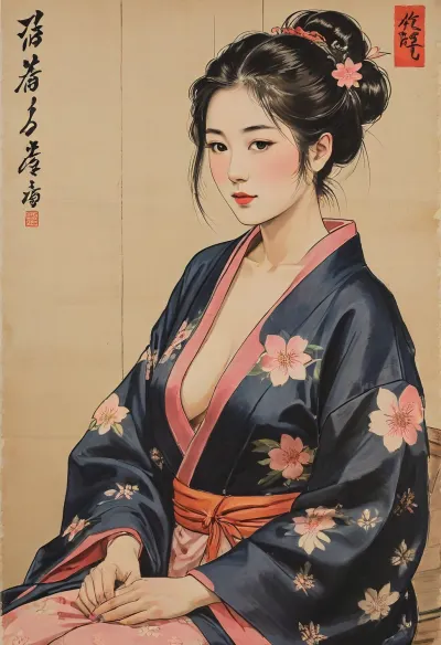 traditional Japanese ukiyo-e woodblock print from the early 19th century, depicting a beautiful Japanese woman, (bijin-ga), undressing, removing her intricate, patterned silk kimono, exposing small, pert breasts and small pink nipples. Flat colors, bold calligraphic black outlines, traditional Edo period hairstyle, delicate facial features, vintage washi paper texture, highly artistic, ukiyo-e masterpiece., style, of, Qi, Baishi, <lora:tbh170-sdxl:1.2>