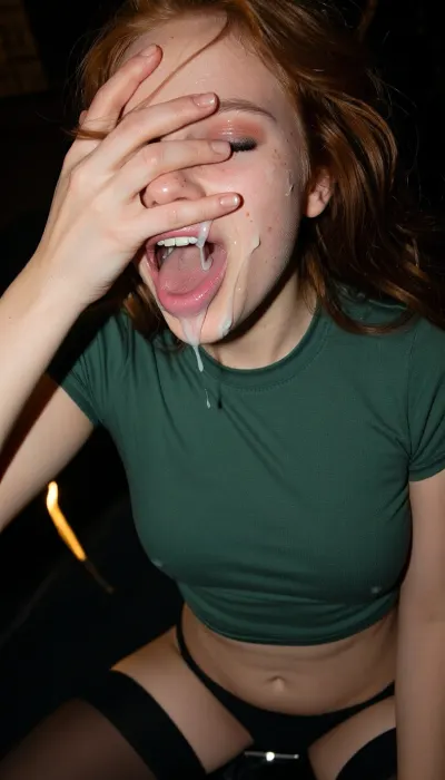 Upper 3/4 body portrait, (extreme skinny Dutch girl, messy long ginger hair, very bony girl, skintight dark green track shirt, mouth open), (mouth full of cum, cum dangling from nose and chin, her fingers are smearing cum in eyes and forehead:1.5), cum in mouth, fingers playing with cum, smeared makeup, hair swinging in air, hair on face, night, dark, drunk, rowdy, flash photo, motion blur, skintight black thin lowwaisted leggings, amateur snapshot, heavy dutch angle, violent light trails, chaotic long-exposure motion, realistic white skin with flaws, burned highlights, extreme closeup, viewed from above, viewer above her, ISO 800 film grain, face partly cropped out from view