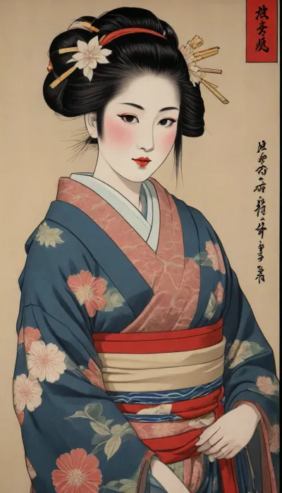 traditional Japanese ukiyo-e woodblock print from the early 19th century, depicting a beautiful Japanese woman, (bijin-ga), wearing an intricate, patterned silk kimono. Flat colors, bold calligraphic black outlines, traditional Edo period hairstyle, delicate facial features, vintage washi paper texture, highly artistic, ukiyo-e masterpiece.