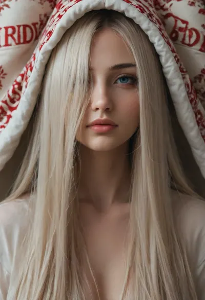 A 30‑year‑old woman, blue eyes, bold makeup, very long bangs, straight hair, (((long hair covers half the face, one eye is hidden under the hair:1.7))), .