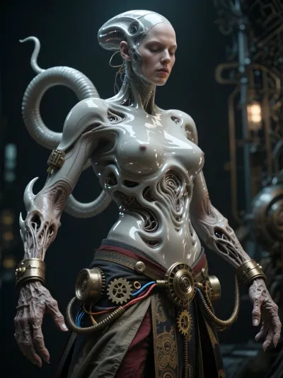 A work of artistic science-fiction photography depicting a majestic alien goddess with ultra-smooth, flowing contours, her body transitions into whirlwind-like, floating limbs, detached limbs, mutations, mutated hands, rough skin, a rough texture, wrinkles, sharp edges, mechanical cogs, wires, steampunk, a realistic human figure, and traditional clothing.
